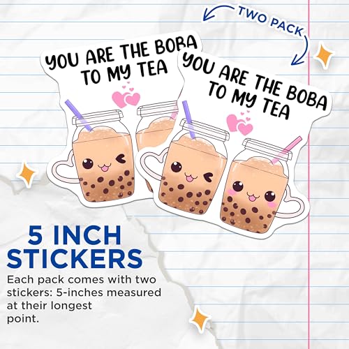 (2 Pack) Cute Boba Tea Stickers - You are The Boba to My Tea - Kawaii Drink for Couples - 5" On Longest Side - Sticks to Smooth Flat Surfaces - Made in USA - BMCS7743