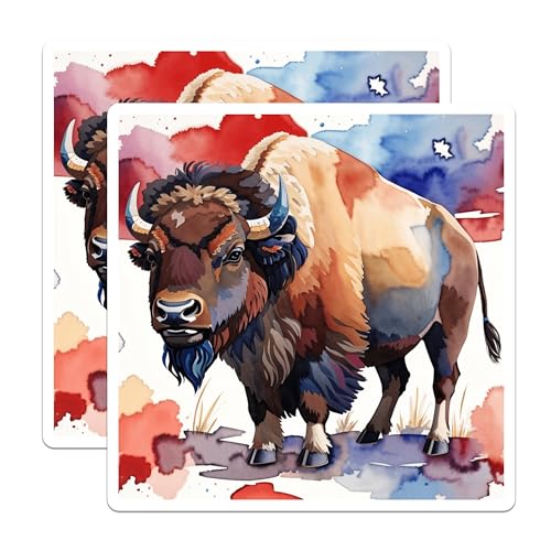 (2 Pack) Buffalo Mountain Stickers - Watercolor Animal Art - National Park Sticker - 5" On Longest Side - Sticks to Smooth Flat Surfaces - Made in USA - BMCS8680