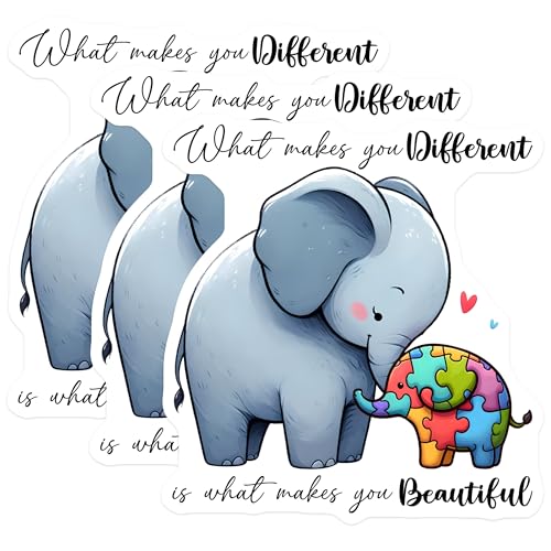 (3 Pack) Elephant Autism Decals - Puzzle Piece Elephant - What Makes You Beautiful Decals - 3 Inches On Longest Side - Easy Peel & Apply - Made in USA - 3MCS1991