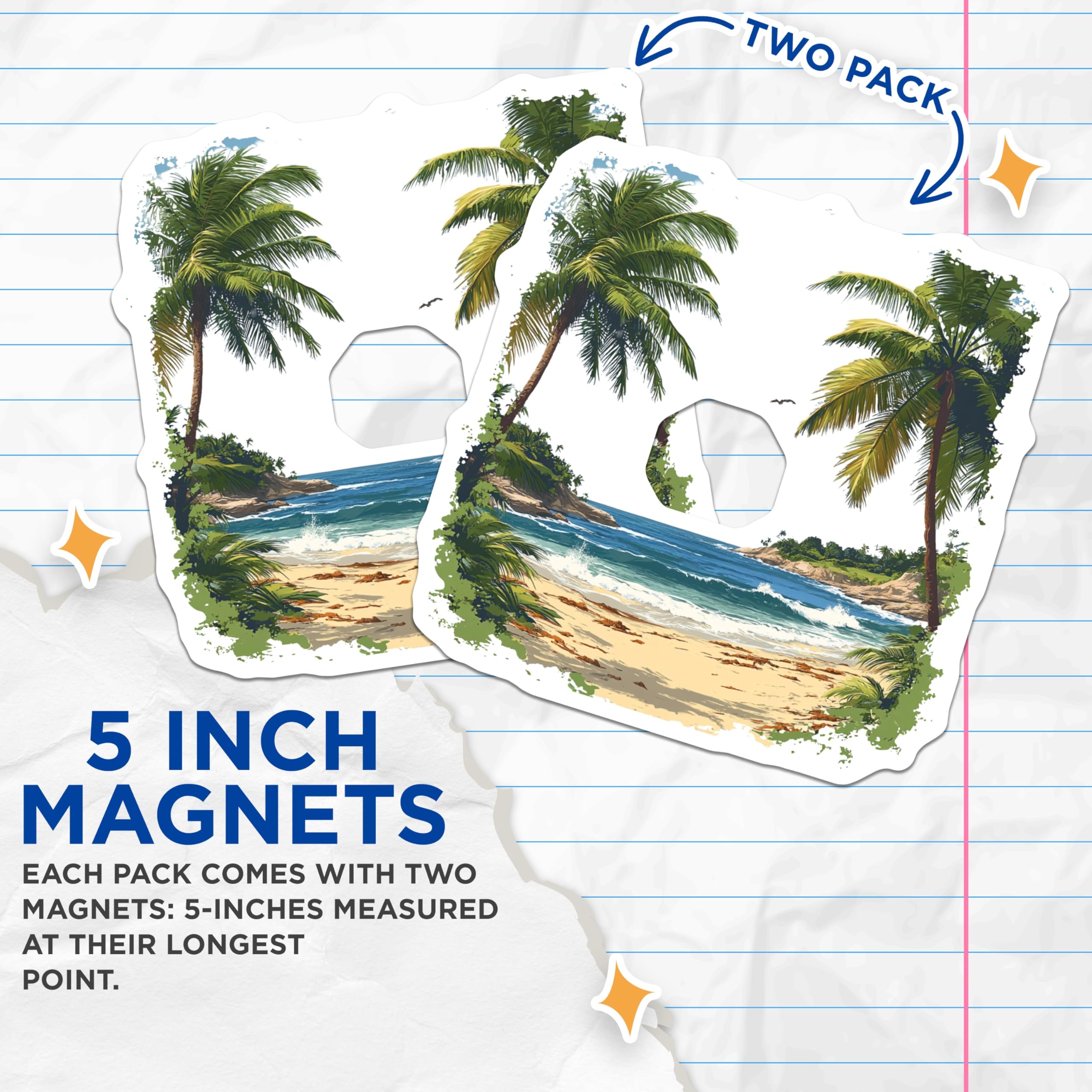 (2 Pack) Tropical Beach Car Magnets - Palm Tree Scenery - Ocean View Decor - Island Paradise Magnets - 5 Inches On Longest Side - Thick Durable Magnet - Made in USA - MAG26670