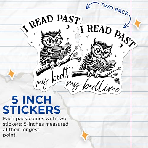 (2 Pack) Book Lover Stickers - Cute Owl Stickers - Reading Enthusiast Stickers - 5" On Longest Side - Sticks to Any Smooth Flat Surface - Made in USA - BMCS3501