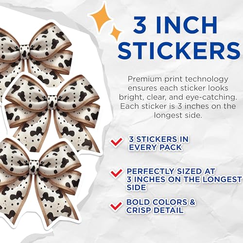 (3 Pack) Cow Print Bow Decals - Laptop Decal - Cute Bow Sticker- 3 Inches On Longest Side - Easy Peel & Apply - Made in USA - 3MCS5750