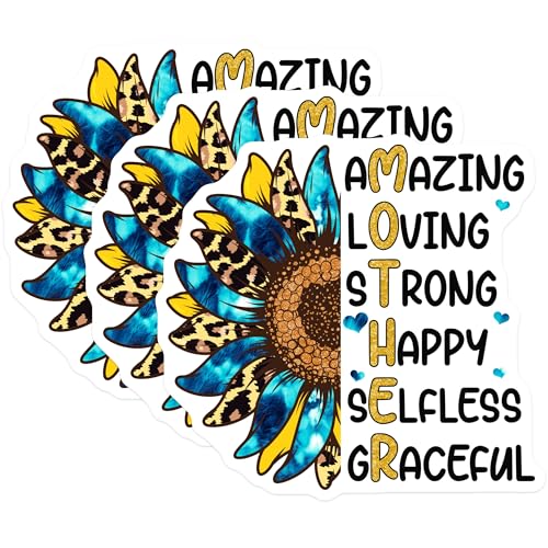 (3 Pack) Mother Sunflower Decals - Amazing Loving Strong - Mothers Day Decals- 3 Inches On Longest Side - Easy Peel & Apply - Made in USA - 3MCS5549