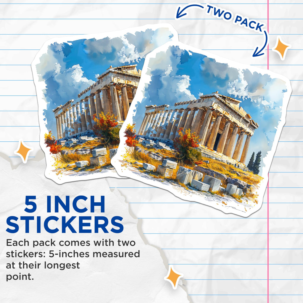 (2 Pack) Parthenon Greece Stickers - Ancient Greek Architecture Art - Travel Souvenir Stickers - 5" On Longest Side - Sticks to Smooth Flat Surfaces - Made in USA - BMCS5180