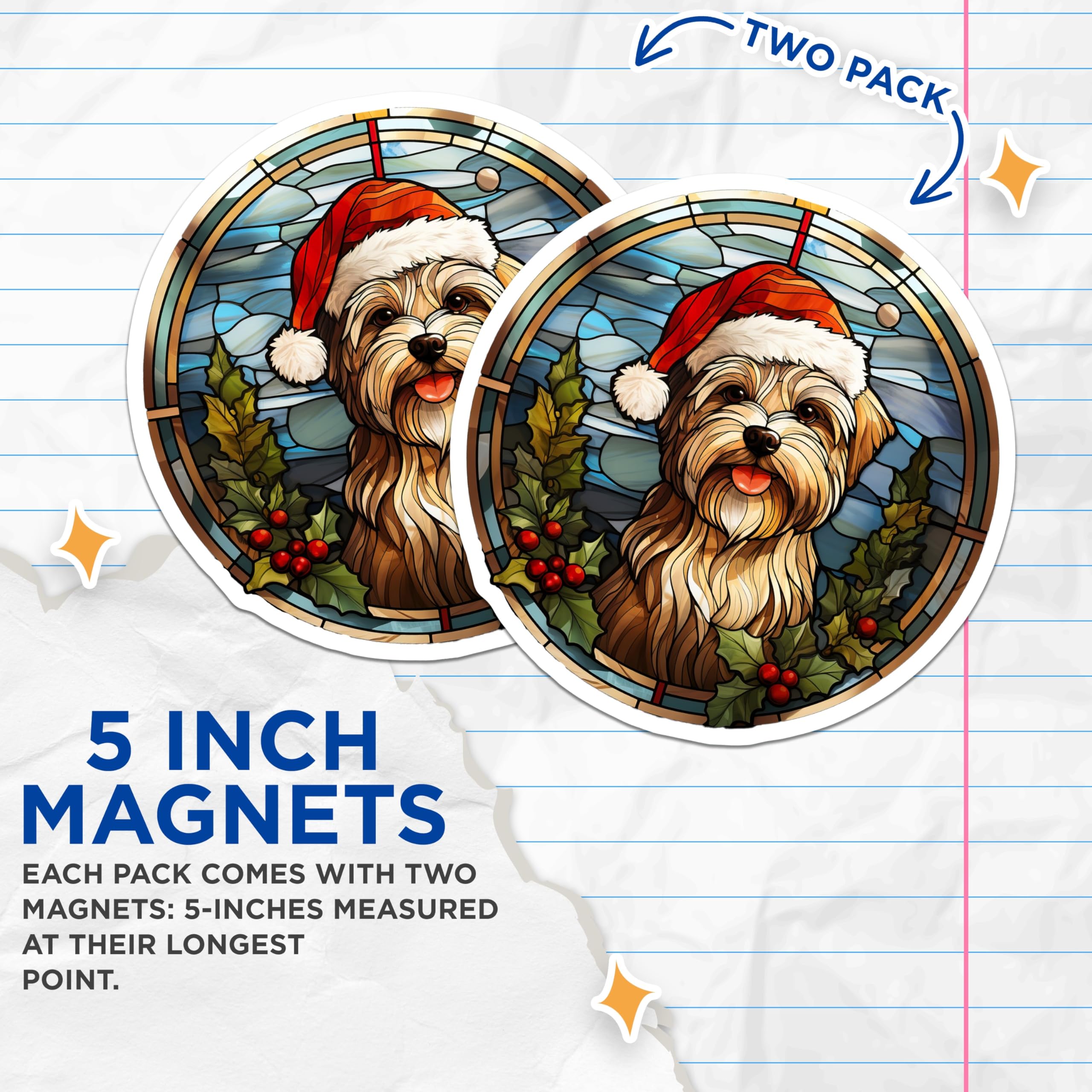 (2 Pack) Holiday Dog Magnets - Stained Glass Pet Decor - Santa Hat Fluffy Dog Magnets - 5 Inches On Longest Side - Thick Durable Magnet - Made in USA - MAG25803
