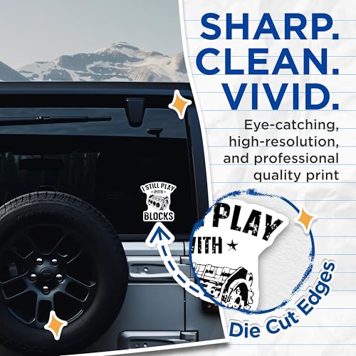 (2 Pack) I Still Play with Blocks Stickers - Funny Car Engine Stickers - Humorous Auto Mechanics Decal - 5" On Longest Side - Sticks to Smooth Flat Surfaces - Made in USA - BMCS5766