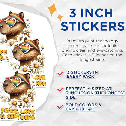 (3 Pack) Capybara Laptop Decals - Peace Love Capybara - Rainbow Sunglasses - 3 Inches On Longest Side - Easy Peel & Apply - Made in USA - 3MCS2526