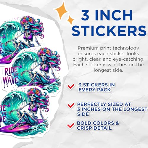 (3 Pack) Surfing Skeleton Decals - Ride The Wave - Laptop Decal - 3 Inches On Longest Side - Easy Peel & Apply - Made in USA - 3MCS8369