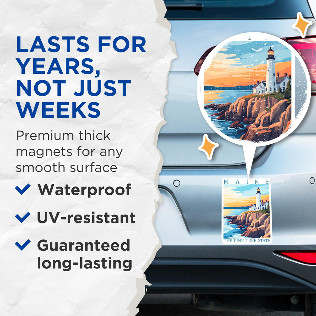 (2 Pack) Maine Magnets - Lighthouse Decor - Pine Tree State Souvenir - 5" On Longest Side - Premium Magnet - for Cars, Refrigerators, Toolboxes, Lockers - Made in USA - MAG17541