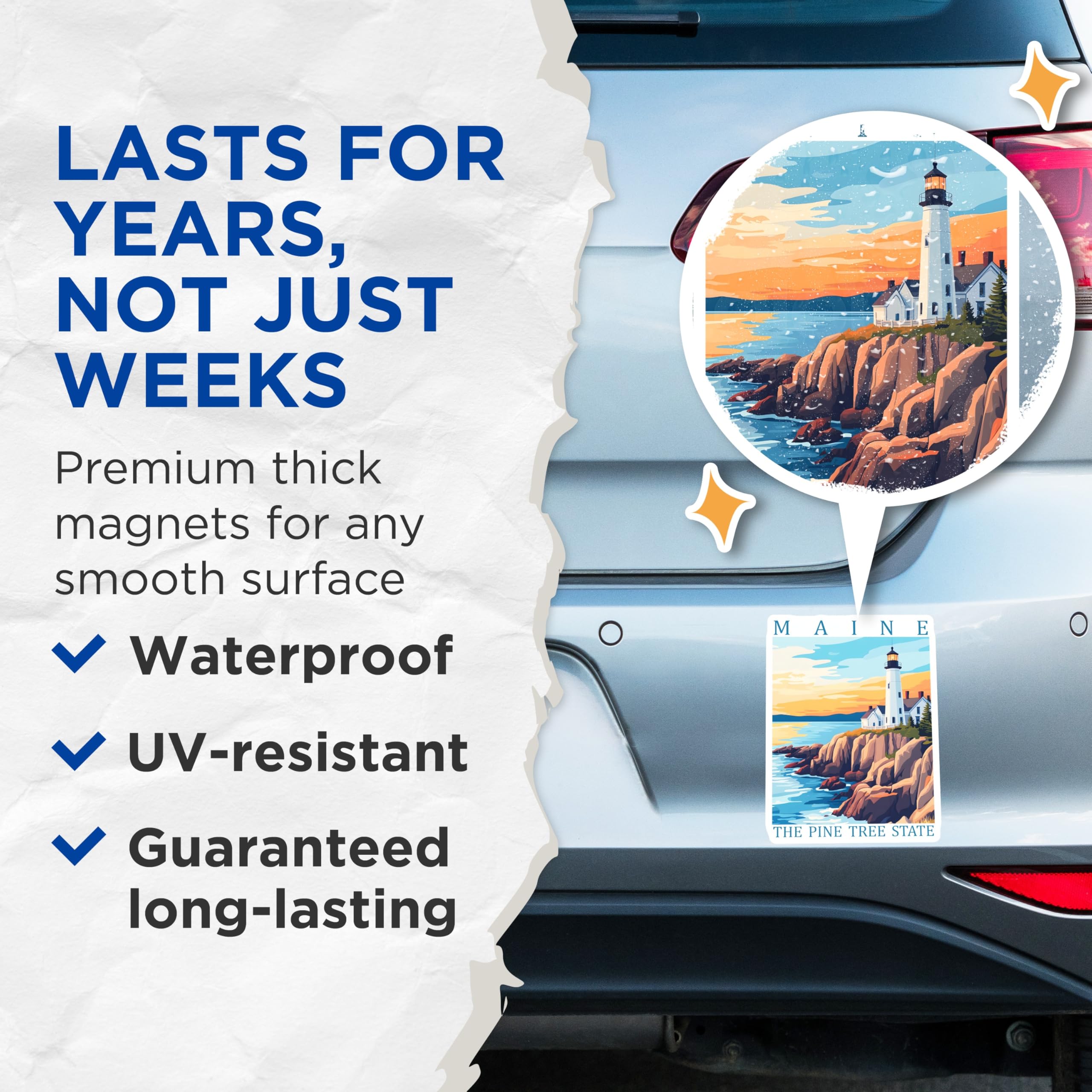 (2 Pack) Maine Magnets - Lighthouse Decor - Pine Tree State Souvenir - 5" On Longest Side - Premium Magnet - for Cars, Refrigerators, Toolboxes, Lockers - Made in USA - MAG17541