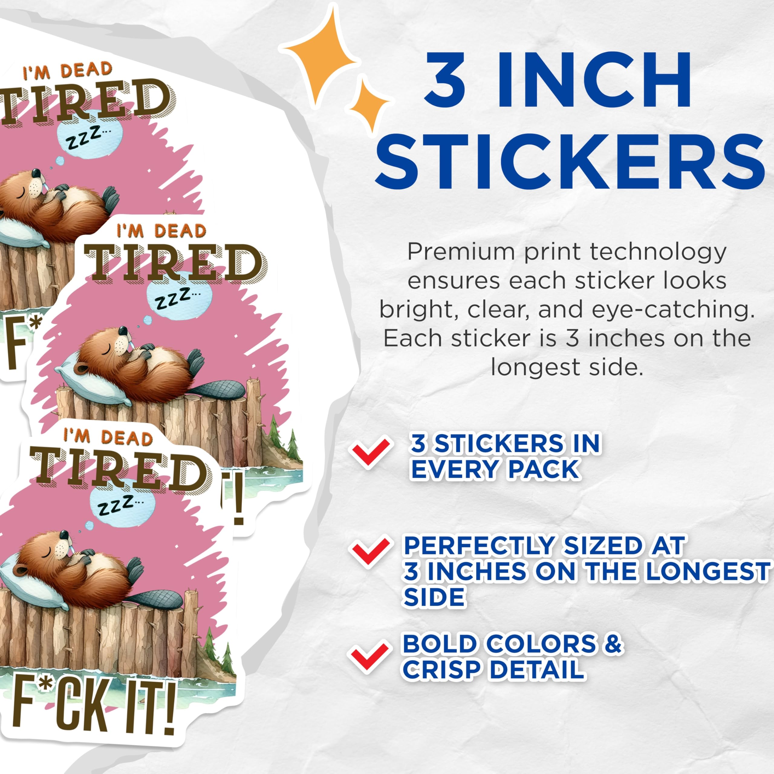 (3 Pack) Tired Beaver Decals - Funny Sleeping Animal - Laptop Decal Set- 3 Inches On Longest Side - Easy Peel & Apply - Made in USA - 3MCS5343