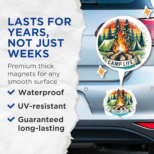 (2 Pack) Camp Life Magnets - Camping Outdoors - Campfire Forest Scenes - Camper Decor Magnets - 5" On Longest Side - for Cars, Fridges, Toolboxes - Made in USA - MAG7083