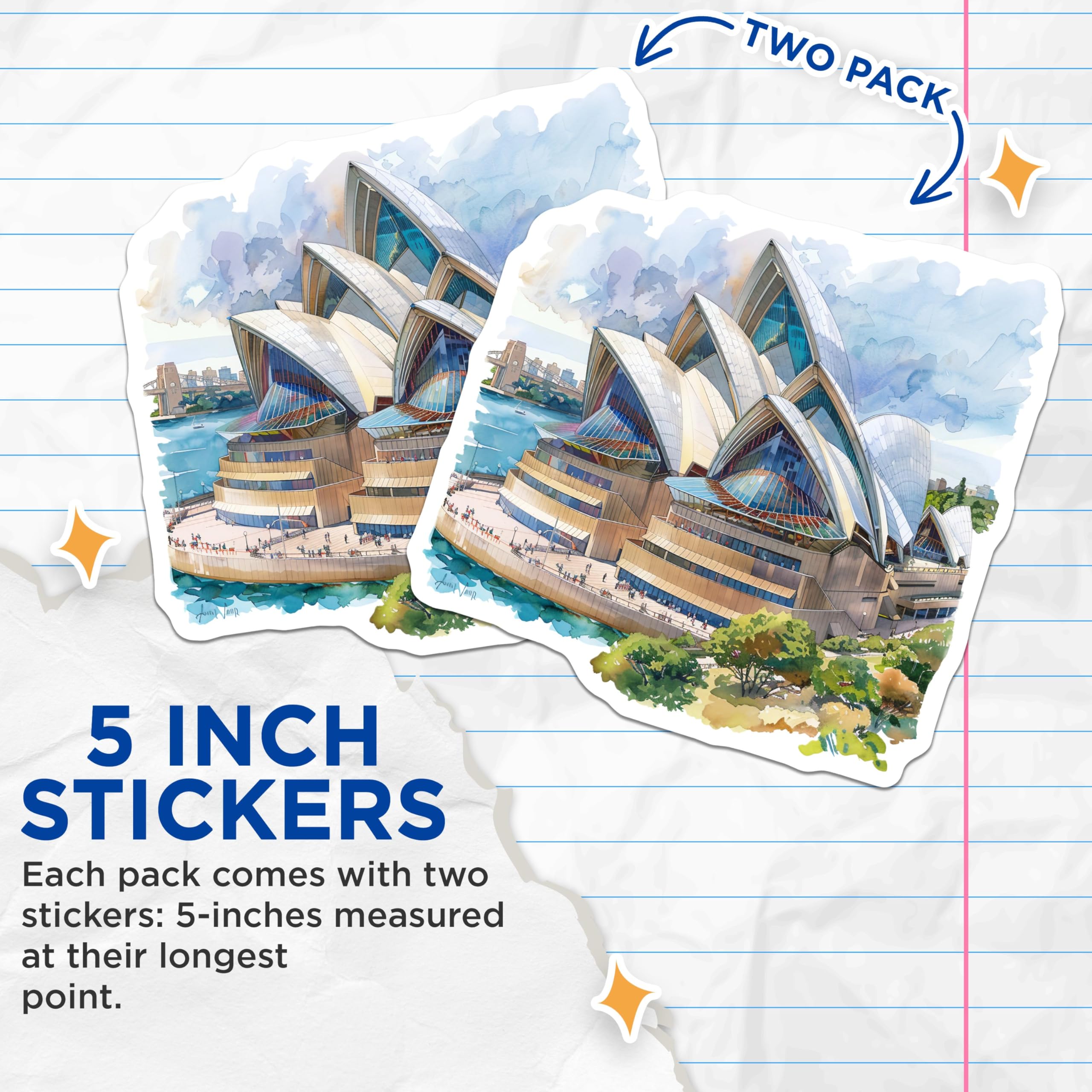 (2 Pack) Sydney Opera House Stickers - Australia Landmark Stickers - Travel Souvenir Stickers - 5" On Longest Side - Sticks to Smooth Flat Surfaces - Made in USA - BMCS5198