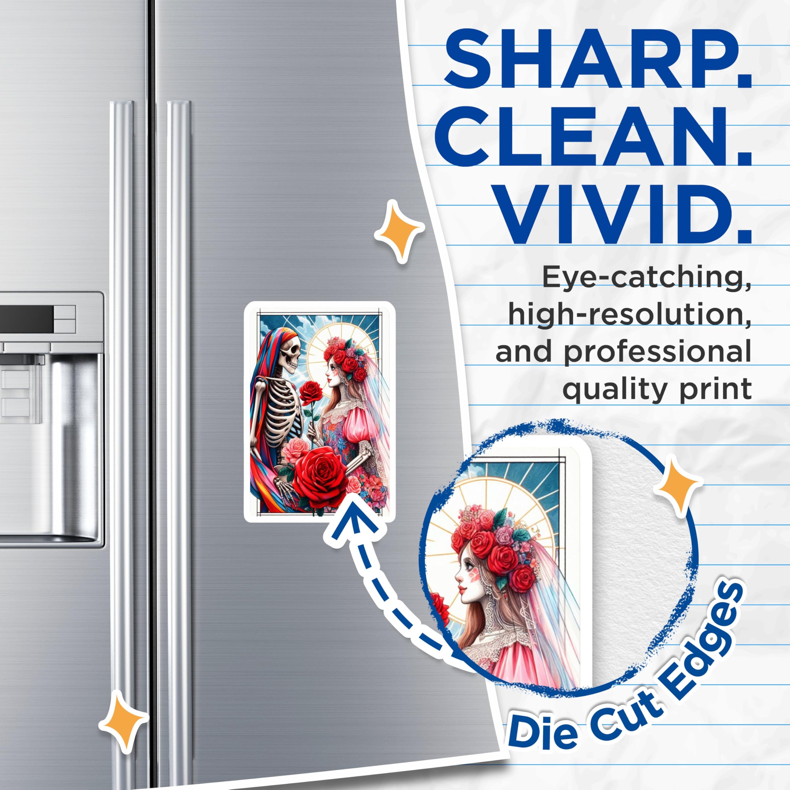 (2 Pack) Dia de Los Muertos Magnets - Vibrant Skeleton Woman Couple - Romantic Eternal Rose Art Fridge Locker Decorative - 5 Inches On Longest Side - Thick Durable Magnet - Made in USA - MAG22041