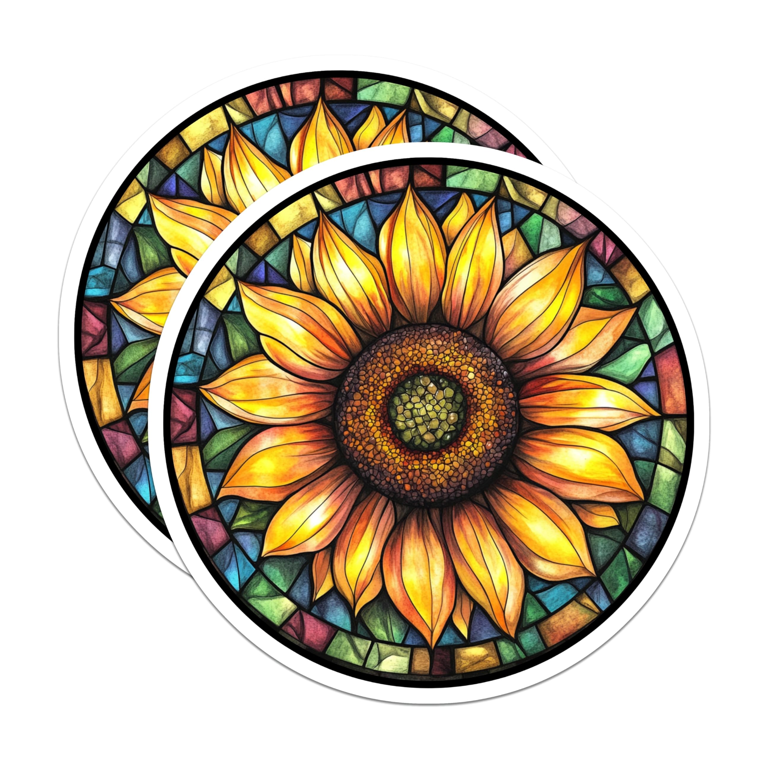 (2 Pack) Sunflower Stained Glass Magnets - Vibrant Mosaic Art - Bohemian Kitchen Decor - 5 Inches On Longest Side - Thick Durable Magnet - Made in USA - MAG29052