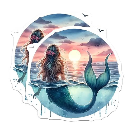 (2 Pack) Mermaid Sunset Stickers - Ocean Fantasy - Beach Scene Art - 5" On Longest Side - Sticks to Smooth Flat Surfaces - Made in USA - BMCS9296