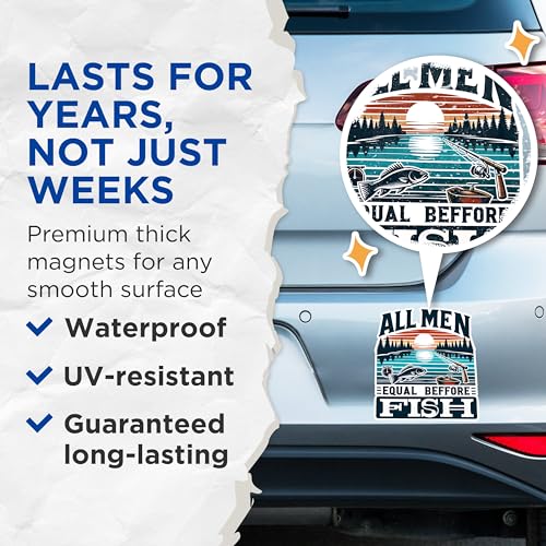 (2 Pack) All Men Equal Before Fish Magnets - Fishing Enthusiast Magnets - Fisherman Decor Magnets- 5" On Longest Side - for Fridges, Toolboxes, Cars - Made in USA - MAG2631