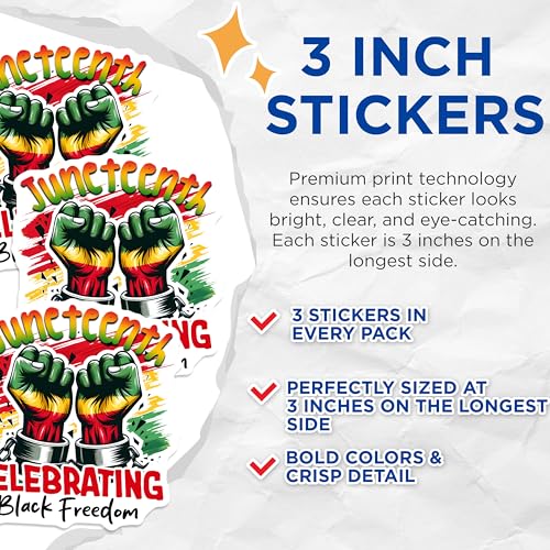 (3 Pack) Juneteenth Decals - Celebrating Black Freedom Stickers - Emancipation Day Decoration - 3 Inches On Longest Side - Easy Peel & Apply - Made in USA - 3MCS6129