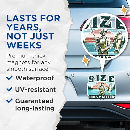 (2 Pack) Size Does Matter Magnets - Fishing Humor Magnets - Outdoor Enthusiast Decor Magnets - Funny Fisherman Quotes- 5" On Longest Side - for Fridges, Toolboxes, Cars - Made in USA - MAG2635