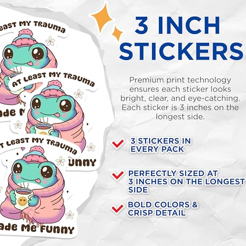 (3 Pack) Trauma Made Me Funny Decals - Cute Frog Stickers - Laptop Decals - 3 Inches On Longest Side - Easy Peel & Apply - Made in USA - 3MCS0877