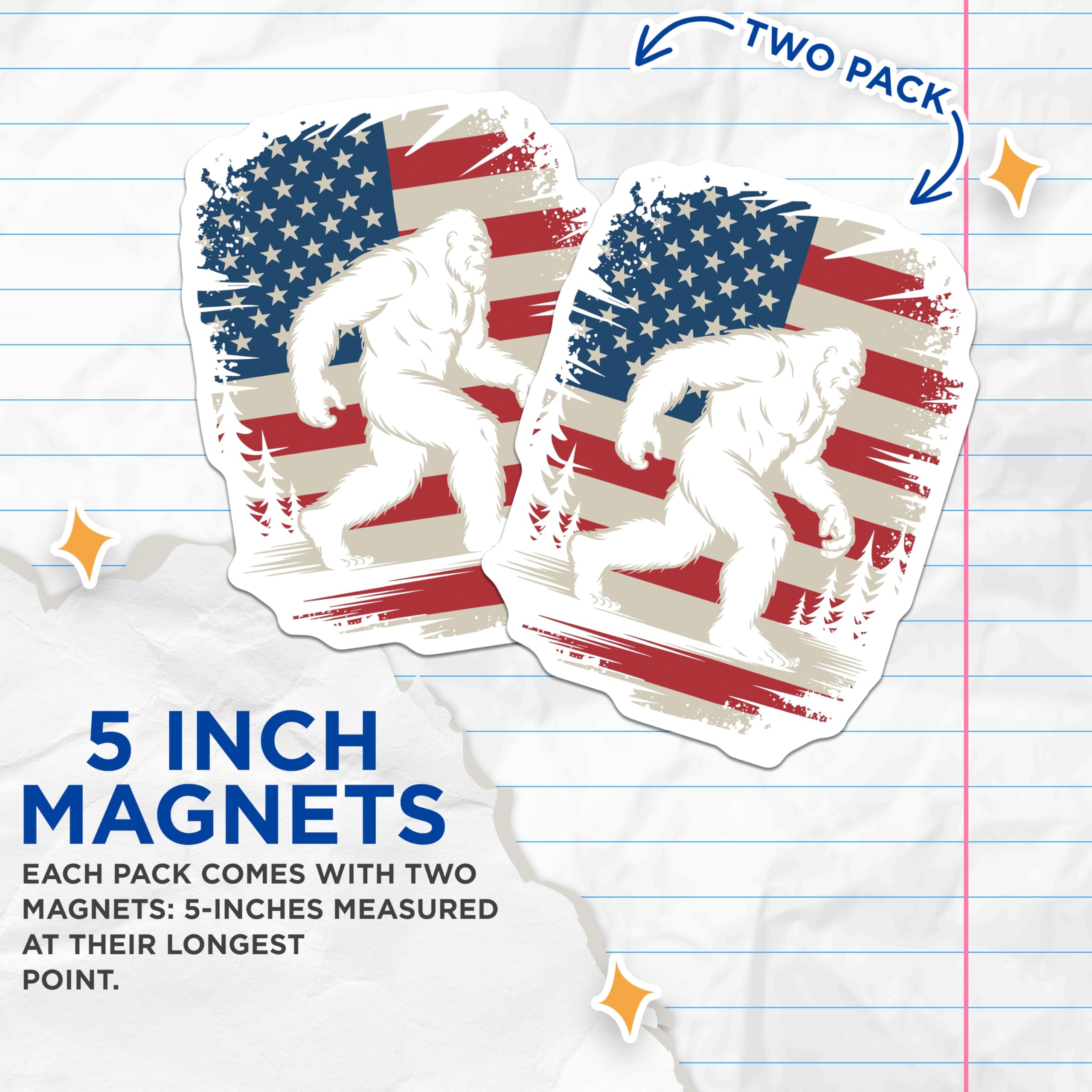 (2 Pack) Bigfoot American Flag Magnets - Patriotic Cryptid Decor - Sasquatch Forest Adventure - 5 Inches On Longest Side - Thick Durable Magnet - Made in USA - MAG20760