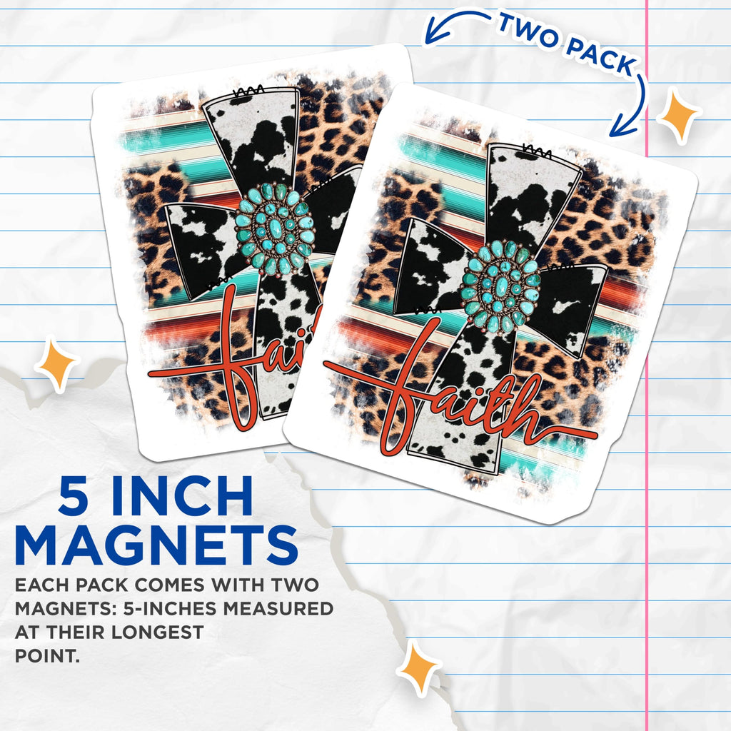 (2 Pack) Western Faith Cross Magnets - Cowhide Leopard Print - Turquoise Concho Serape Design - 5 Inches On Longest Side - Thick Durable Magnet - Made in USA - MAG23864