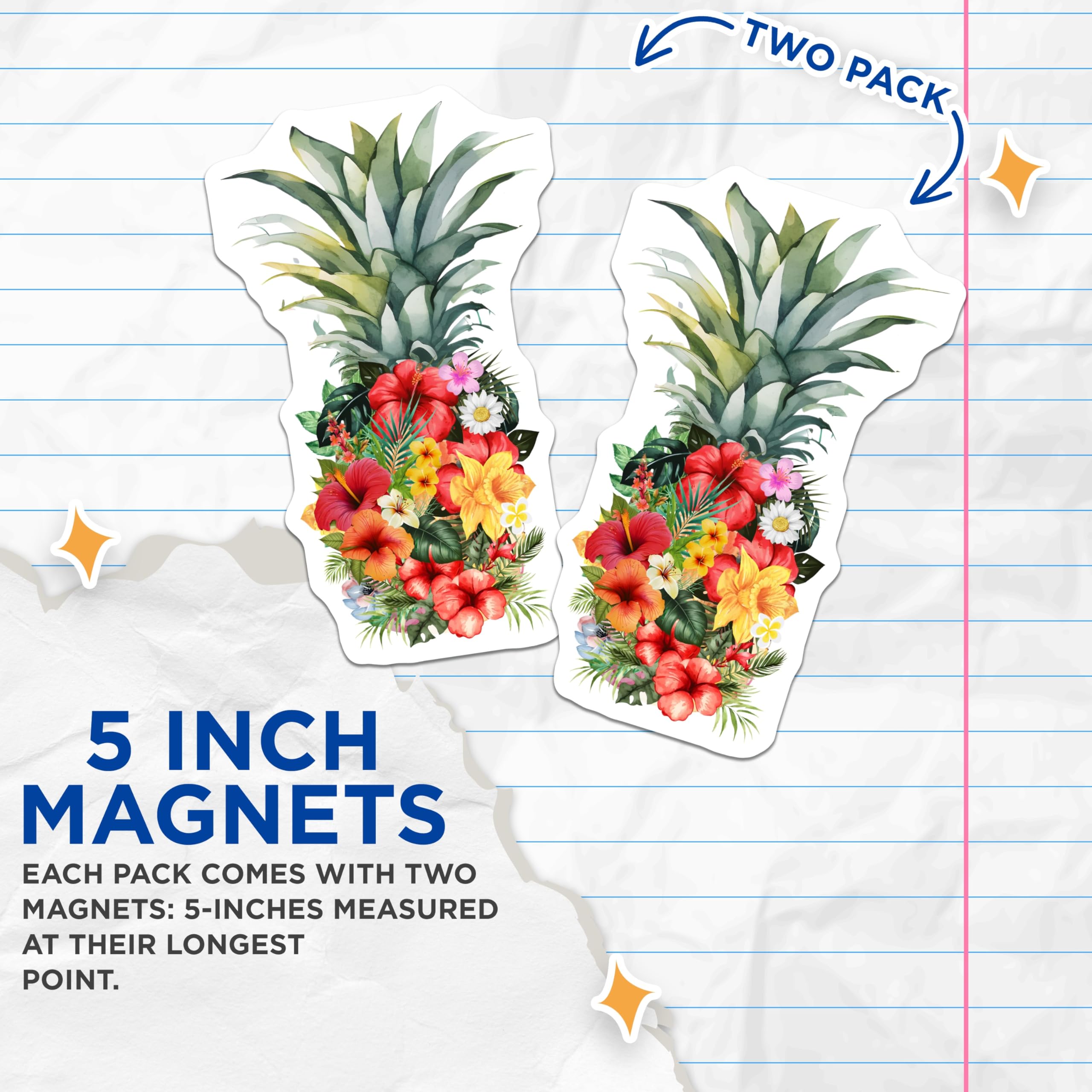 (2 Pack) Tropical Pineapple Magnets - Hibiscus Floral Decor - Exotic Botanical Art - 5 Inches On Longest Side - Thick Durable Magnet - Made in USA - MAG21144