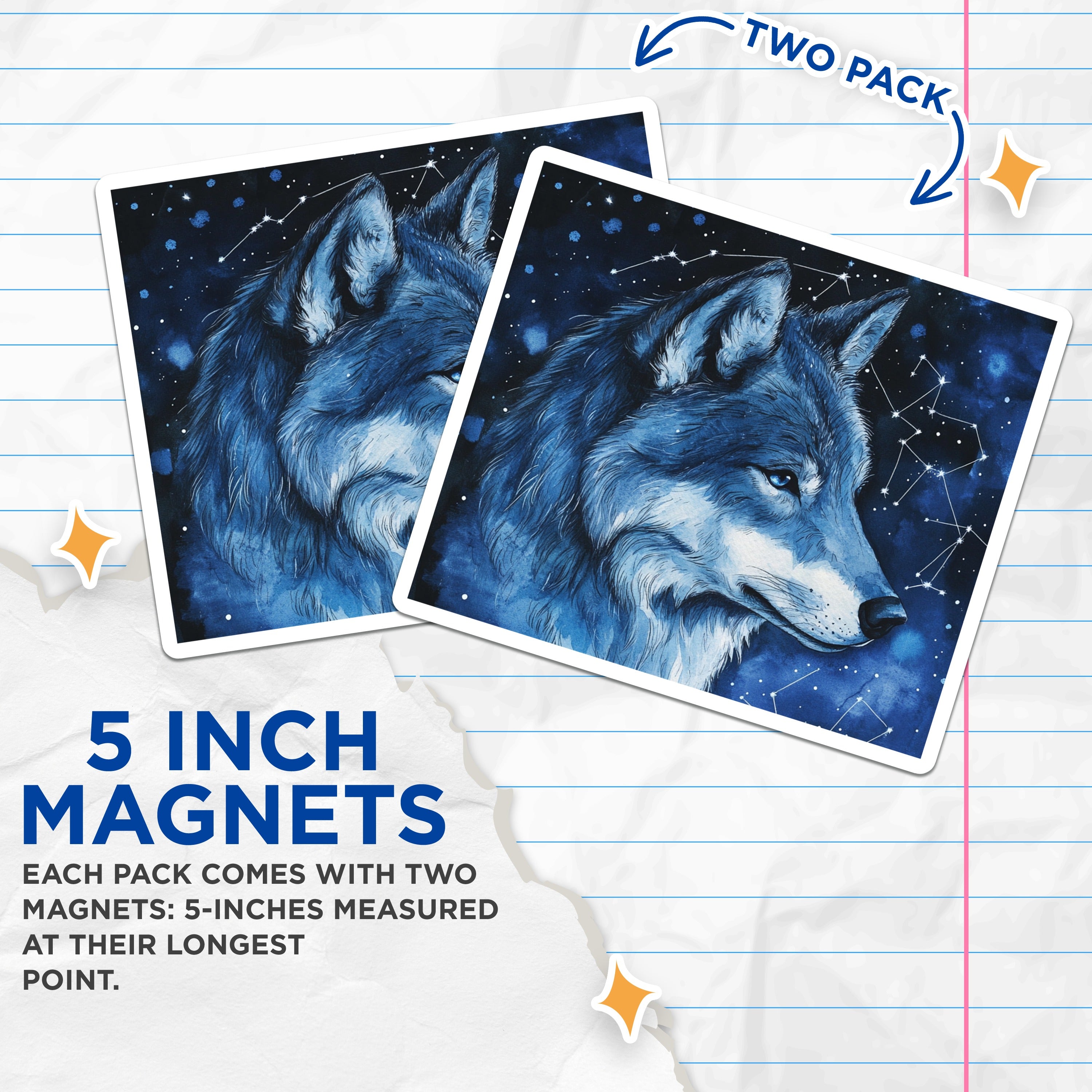 (2 Pack) Blue Wolf Magnets - Cosmic Starry Night - Celestial Animal Refrigerator Decor - 5 Inches On Longest Side - Thick Durable Magnet - Made in USA - MAG36714