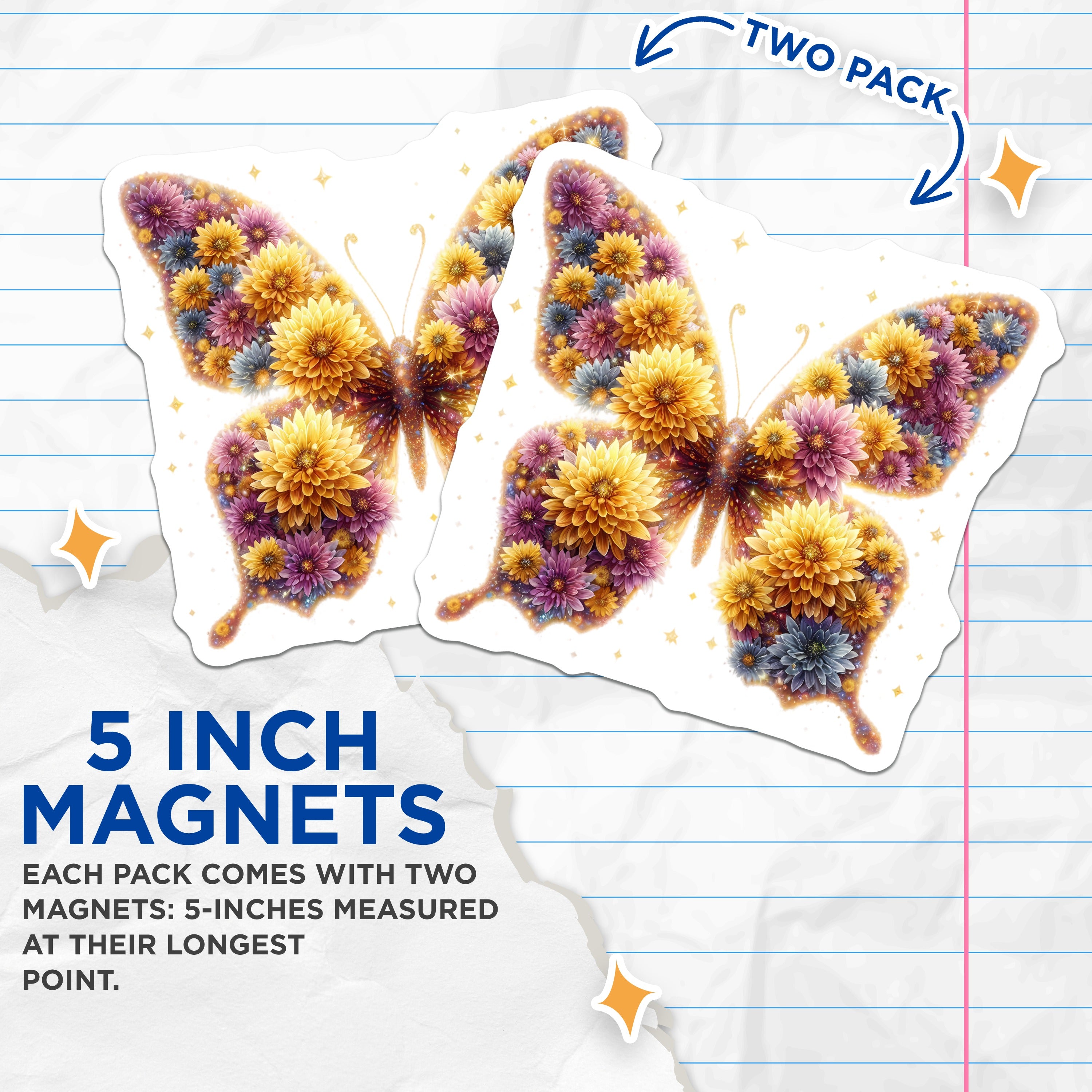 (2 Pack) Floral Butterfly Magnets - Whimsical Flower Fridge Decor - Spring Nature Aesthetic Accents - 5 Inches On Longest Side - Thick Durable Magnet - Made in USA - MAG37302