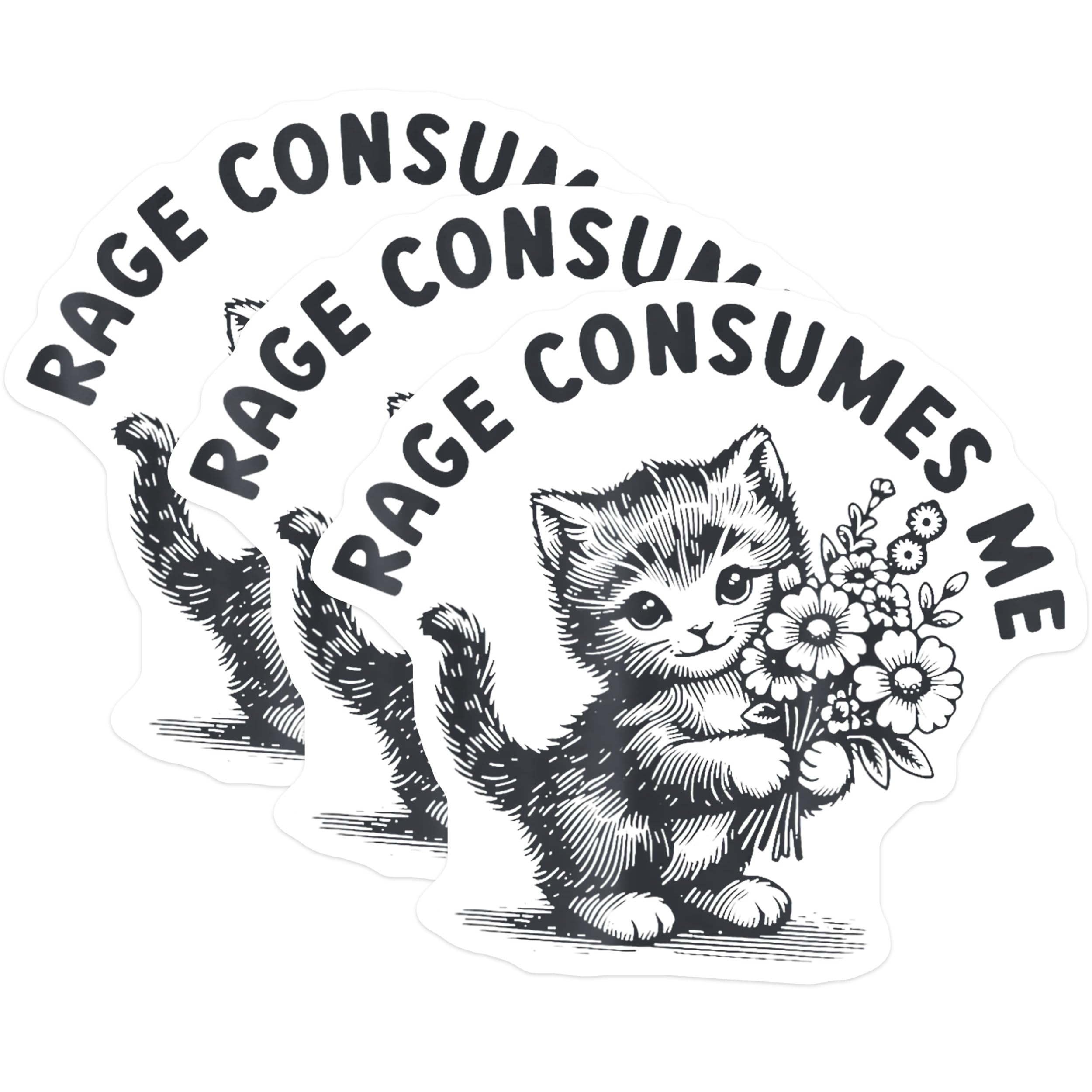 (3 Pack) Kitten Decals - Rage Consumes Me - Cute Cat Sticker - 3 Inches On Longest Side - Easy Peel & Apply - Made in USA - 3MCS2328