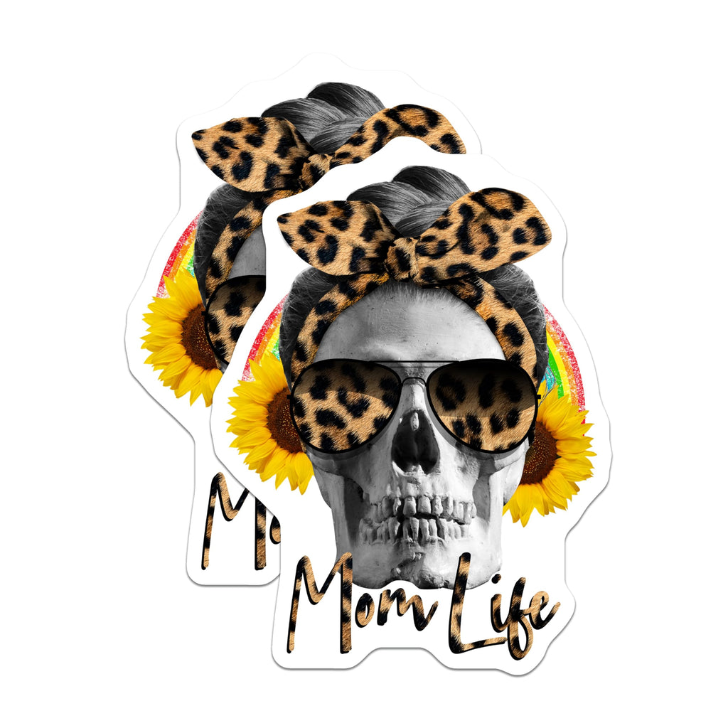 (2 Pack) Mom Life Skull Magnets - Leopard Print Rainbow - Sunflower Magnets - 5" On Longest Side - Premium Magnet - for Cars, Refrigerators, Toolboxes, Lockers - Made in USA - MAG18731