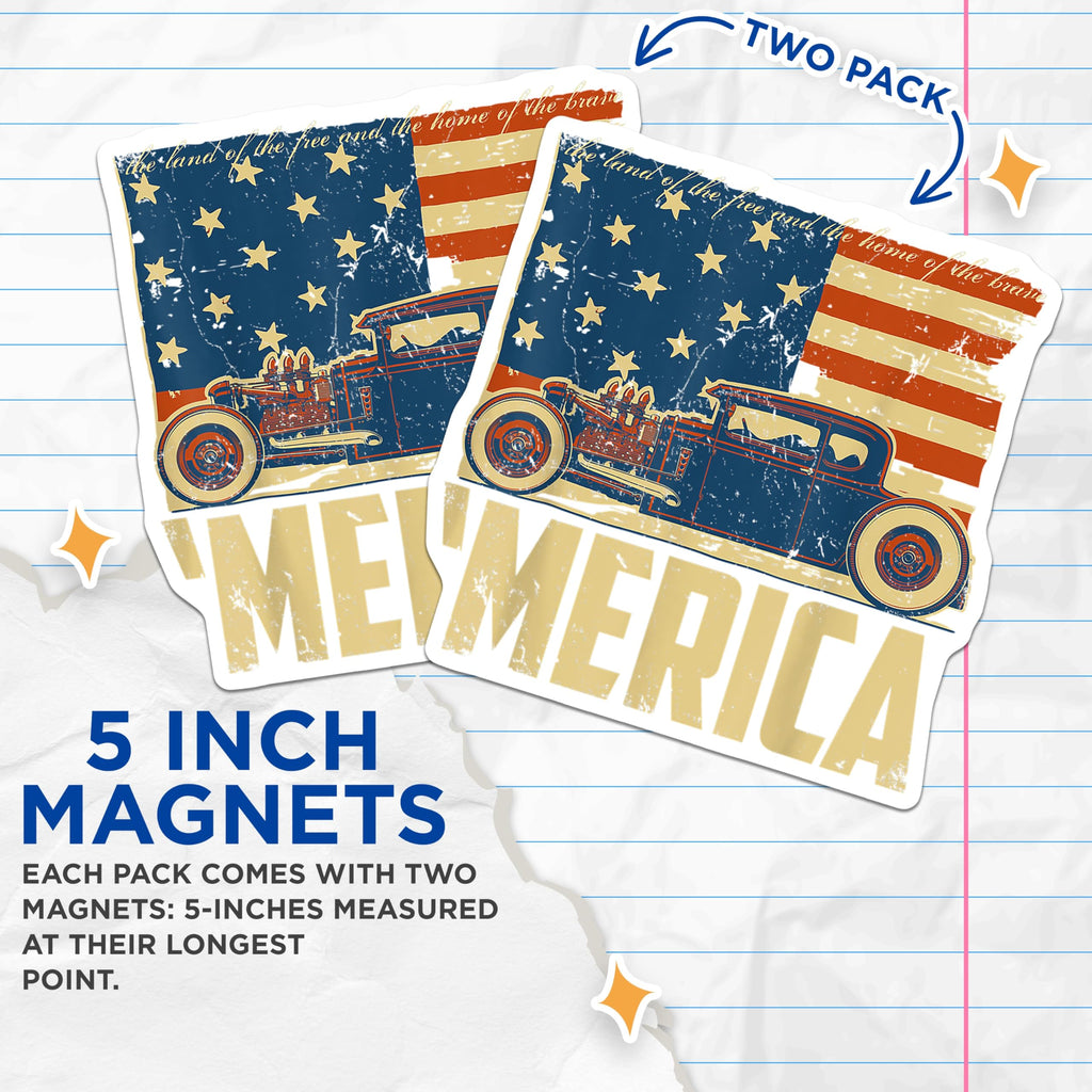 (2 Pack) Vintage Hot Rod Classic Car Magnets - American Flag Stars and Stripes - Patriotic Merica Land of the Free - 5 Inches On Longest Side - Thick Durable Magnet - Made in USA - MAG23944