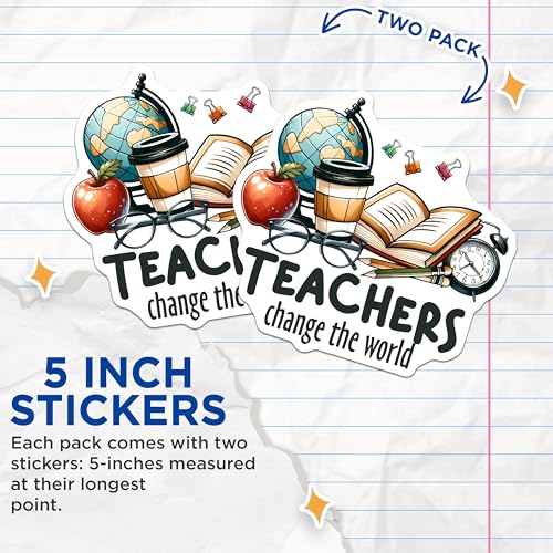 (2 Pack) Teachers Change The World Stickers - Teacher Appreciation - Inspirational Classroom Decor - 5" On Longest Side - Sticks to Smooth Flat Surfaces - Made in USA - BMCS8033