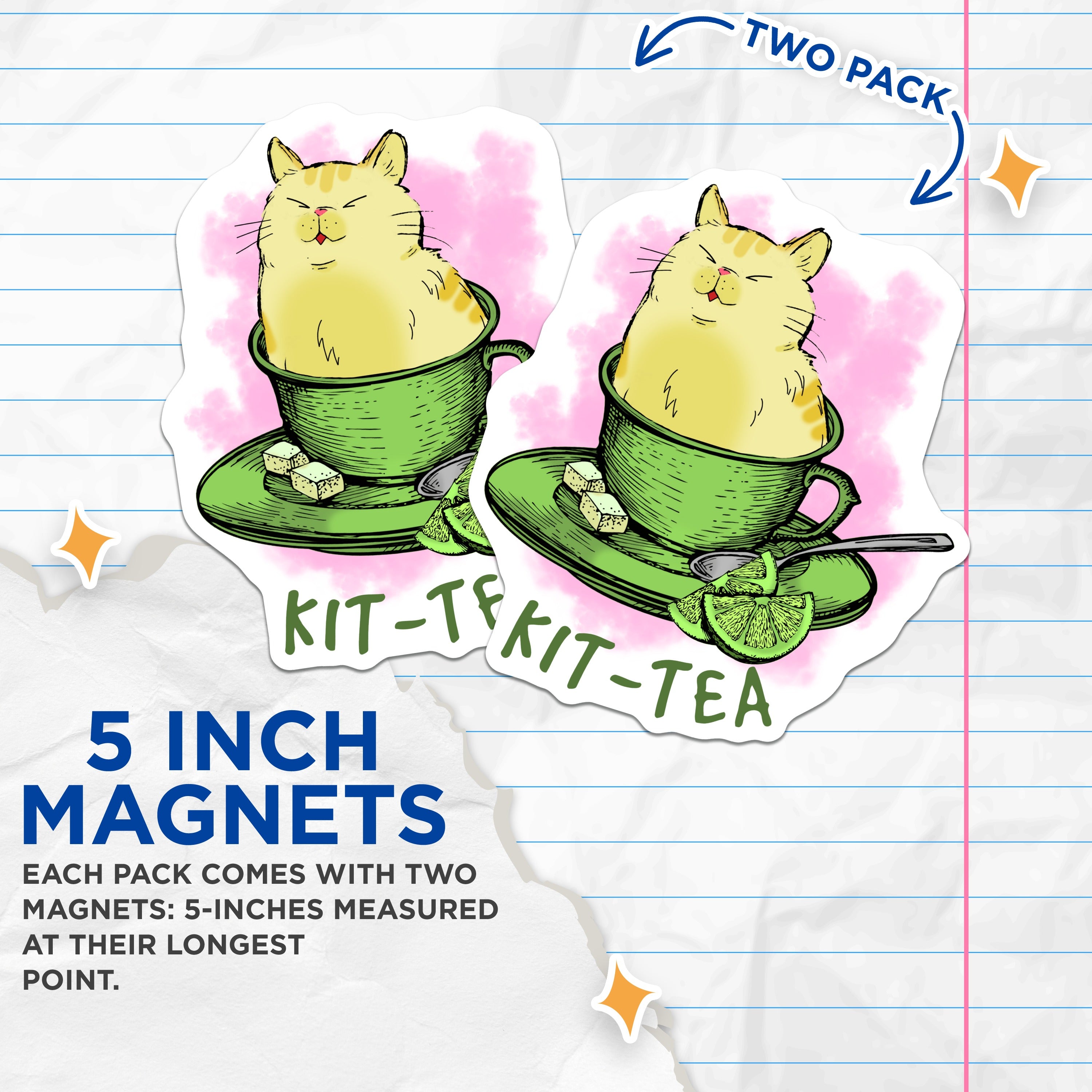 (2 Pack) Kit-Tea Cat Magnets - Cute Pet Owner Refrigerator Decor - Funny Animal Tea Lover Kitchen Accessory - 5 Inches On Longest Side - Thick Durable Magnet - Made in USA - MAG37642