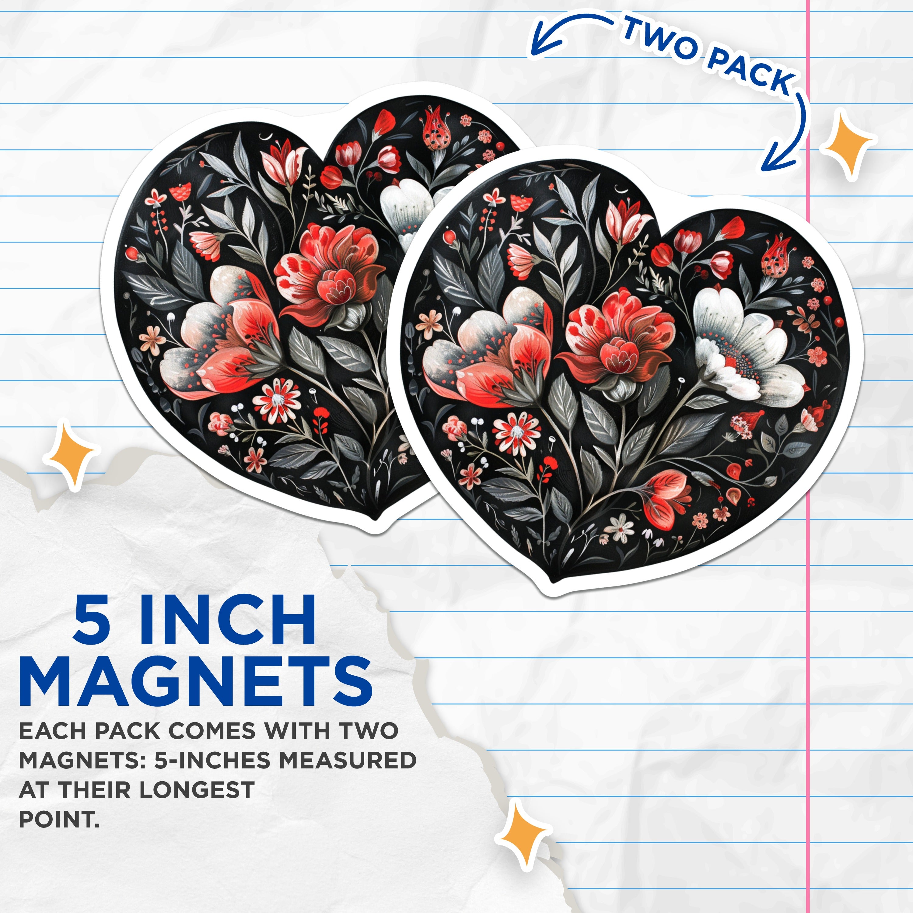 (2 Pack) Dark Floral Heart Magnets - Folk Art Botanical Refrigerator Decor - Romantic Aesthetic Kitchen Accessories for Her - 5 Inches On Longest Side - Thick Durable Magnet - Made in USA - MAG37883