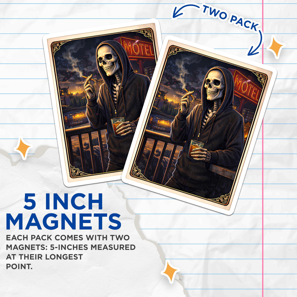 (2 Pack) Skeleton Smoking Magnets - Grim Reaper Art - Gothic Fridge Decor - 5" On Longest Side - Premium Magnet - for Cars, Refrigerators, Toolboxes, Lockers - Made in USA - MAG16342