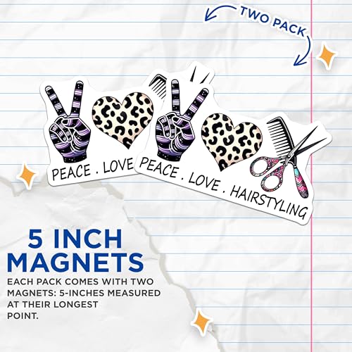 (2 Pack) Peace Love Hairstyling Magnets - Hairdresser Decor - Beauty Salon Accessories - 5" On Longest Side - for Cars, Fridges, Toolboxes - Made in USA - MAG7571