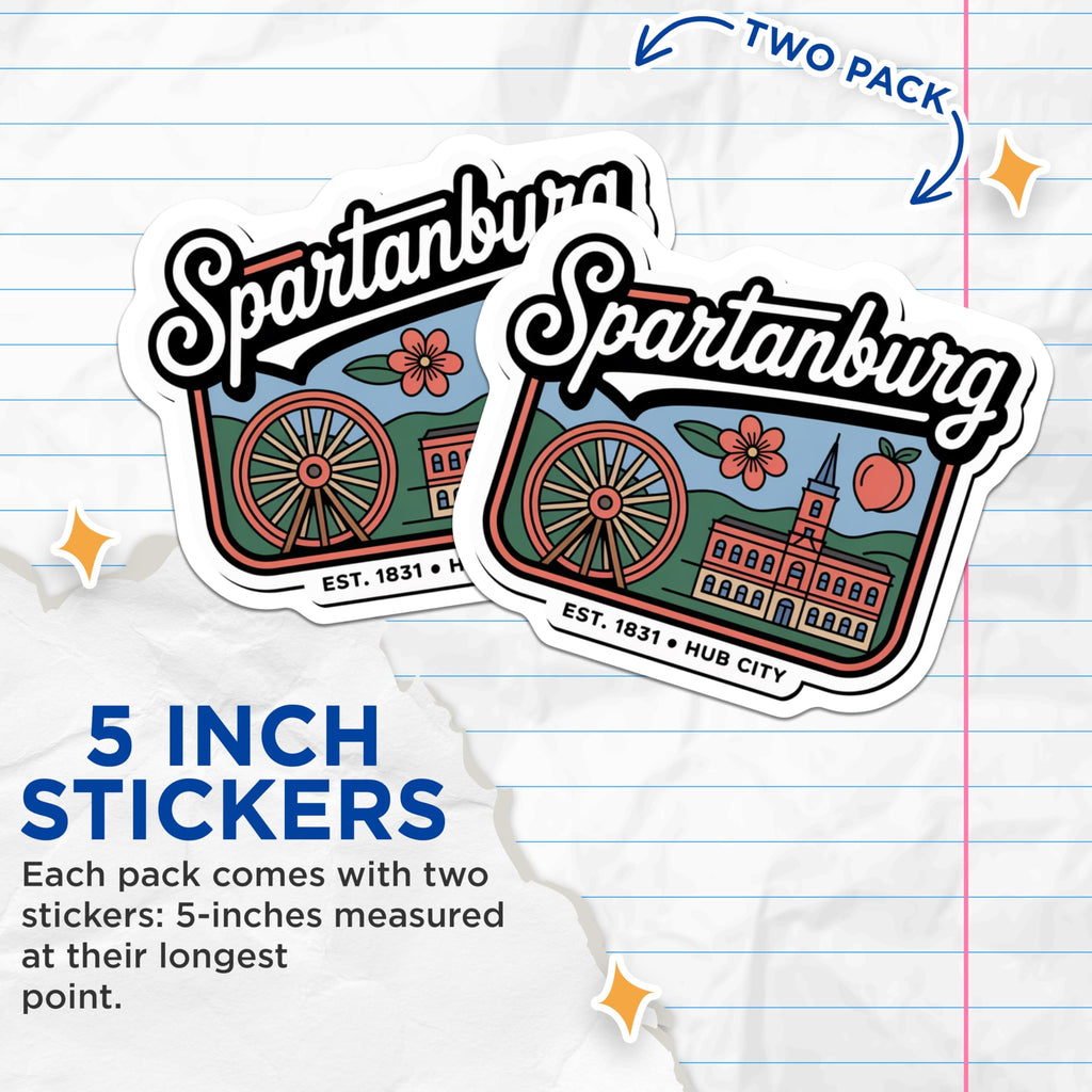 (2 Pack) Spartanburg Stickers - South Carolina - Hub City Decal - 5" On Longest Side - Sticks to Smooth Flat Surfaces - Made in USA - BMCS17147