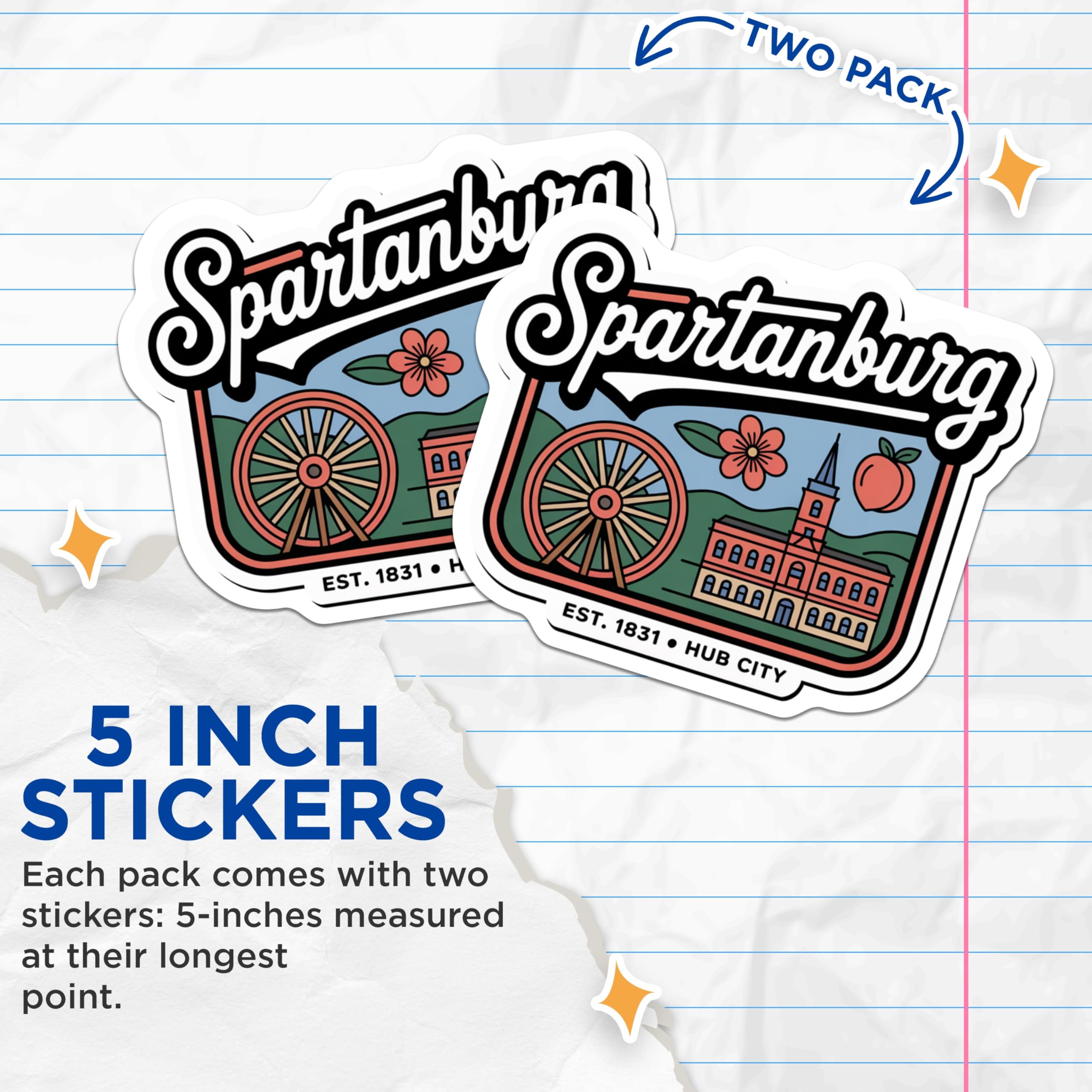 (2 Pack) Spartanburg Stickers - South Carolina - Hub City Decal - 5" On Longest Side - Sticks to Smooth Flat Surfaces - Made in USA - BMCS17147