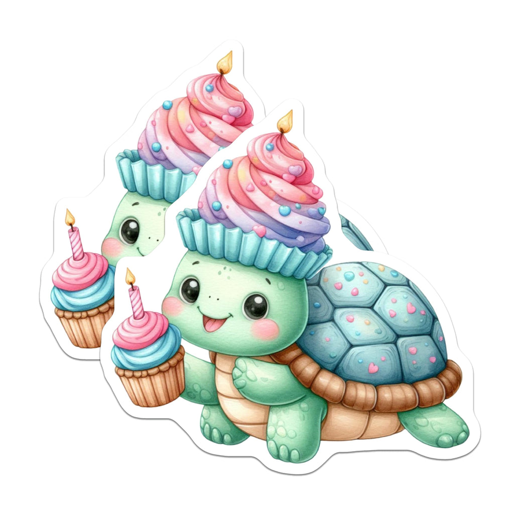 (2 Pack) Adorable Birthday Turtle Magnets - Sweet Cupcake Animal Refrigerator Decor - Kawaii Reptile Locker Accessories - 5 Inches On Longest Side - Thick Durable Magnet - Made in USA - MAG21749