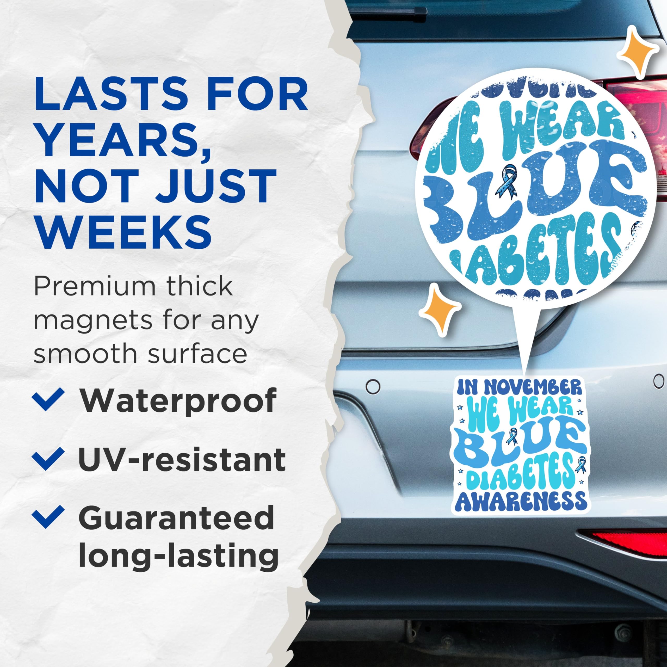 (2 Pack) Diabetes Awareness Magnets - in November We Wear Blue - Ribbon Magnets for Support - 5" On Longest Side - for Cars, Fridges, Toolboxes - Made in USA - MAG3819