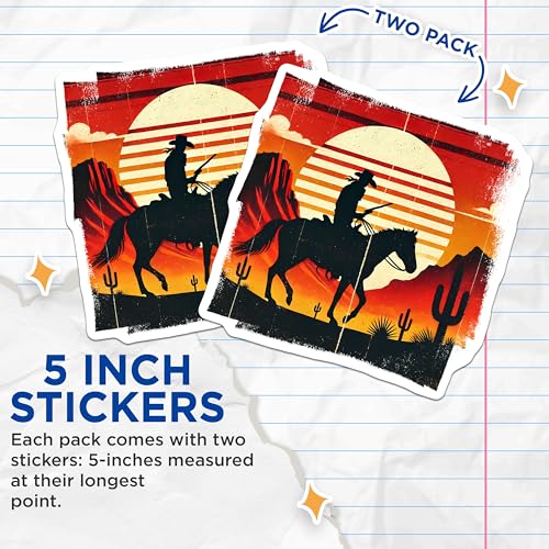 (2 Pack) Retro Cowboy Sunset Stickers - Western Desert Scene - Vintage Wild West Decal - 5" On Longest Side - Sticks to Smooth Flat Surfaces - Made in USA - BMCS5811