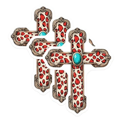 (3 Pack) Turquoise Cross Decals - Leopard Print Decal - Religious Symbol Decal - 3 Inches On Longest Side - Easy Peel & Apply - Made in USA - 3MCS7492