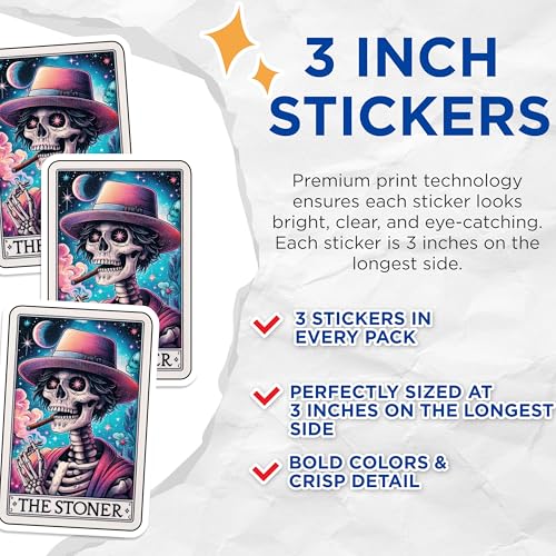 (3 Pack) Stoner Skeleton Decals - Tarot Card Art - Smoking Skull Decals - 3 Inches On Longest Side - Easy Peel & Apply - Made in USA - 3MCS4272