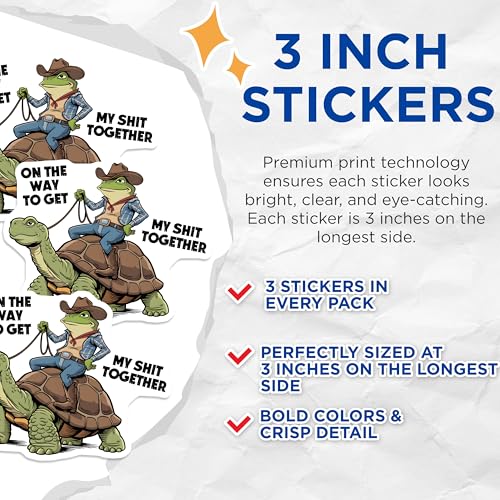 (3 Pack) Funny Frog Decals - Cowboy Turtle Decal - Sarcastic Quote Stickers - 3 Inches On Longest Side - Easy Peel & Apply - Made in USA - 3MCS8487