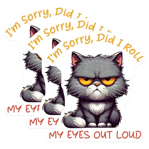 (3 Pack) Grumpy Cat Decals - Sarcastic Feline - I Roll My Eyes Loud Decal - 3 Inches On Longest Side - Easy Peel & Apply - Made in USA - 3MCS6105