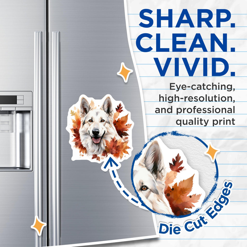 (2 Pack) White Shepherd Magnets - Autumn Dog Decor - Fall Leaves Pet Lover - 5 Inches On Longest Side - Thick Durable Magnet - Made in USA - MAG25991