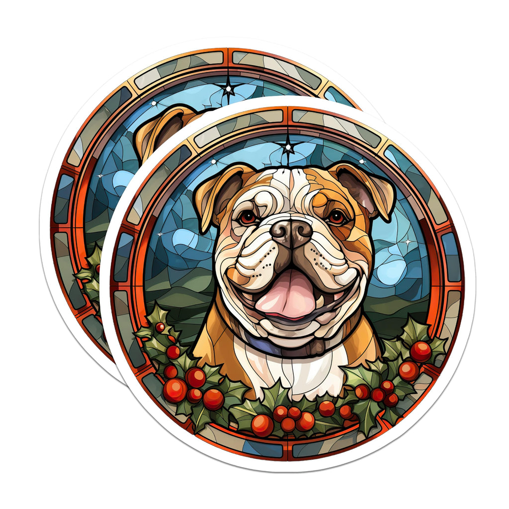 (2 Pack) Bulldog Stained Glass Magnets - Christmas Dog Lover Refrigerator Decor - Winter Holiday Pet Art - 5 Inches On Longest Side - Thick Durable Magnet - Made in USA - MAG30771