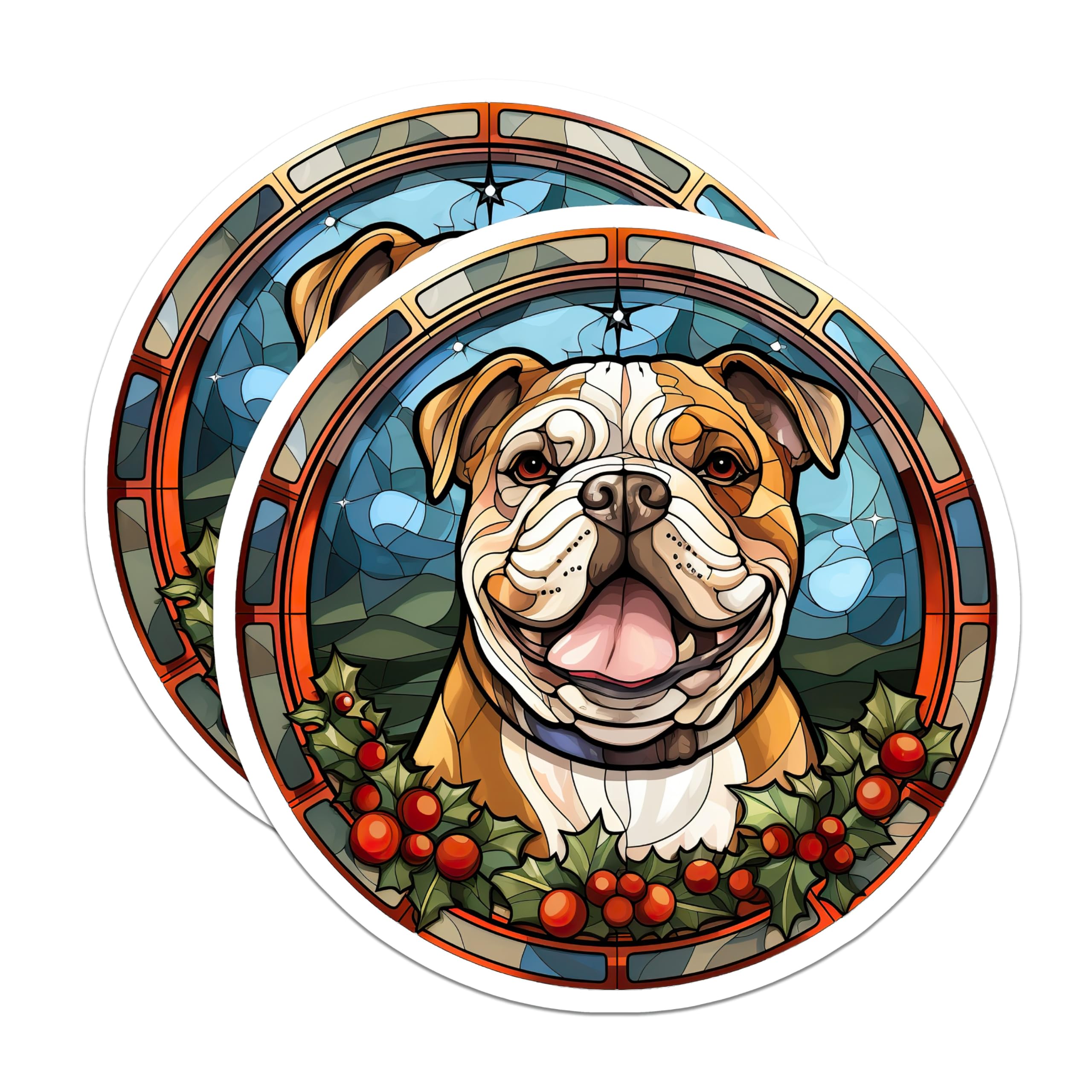 (2 Pack) Bulldog Stained Glass Magnets - Christmas Dog Lover Refrigerator Decor - Winter Holiday Pet Art - 5 Inches On Longest Side - Thick Durable Magnet - Made in USA - MAG30771