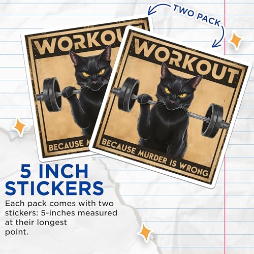 (2 Pack) Cat Workout Stickers - Humorous Cat Gym - Funny Exercise Decal - 5" On Longest Side - Sticks to Smooth Flat Surfaces - Made in USA - BMCS6028
